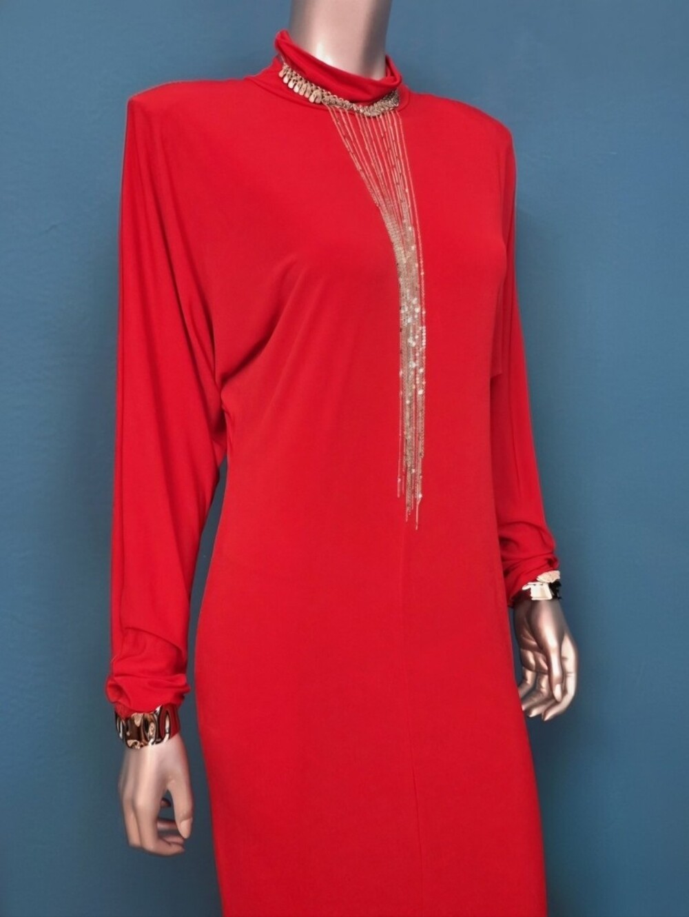 ๐๏ธ๐ASOS 80S Style Slinky Batwing Sleeve High Neck Maxi Dress In Red // (NWOT) - Picture 8 of 16